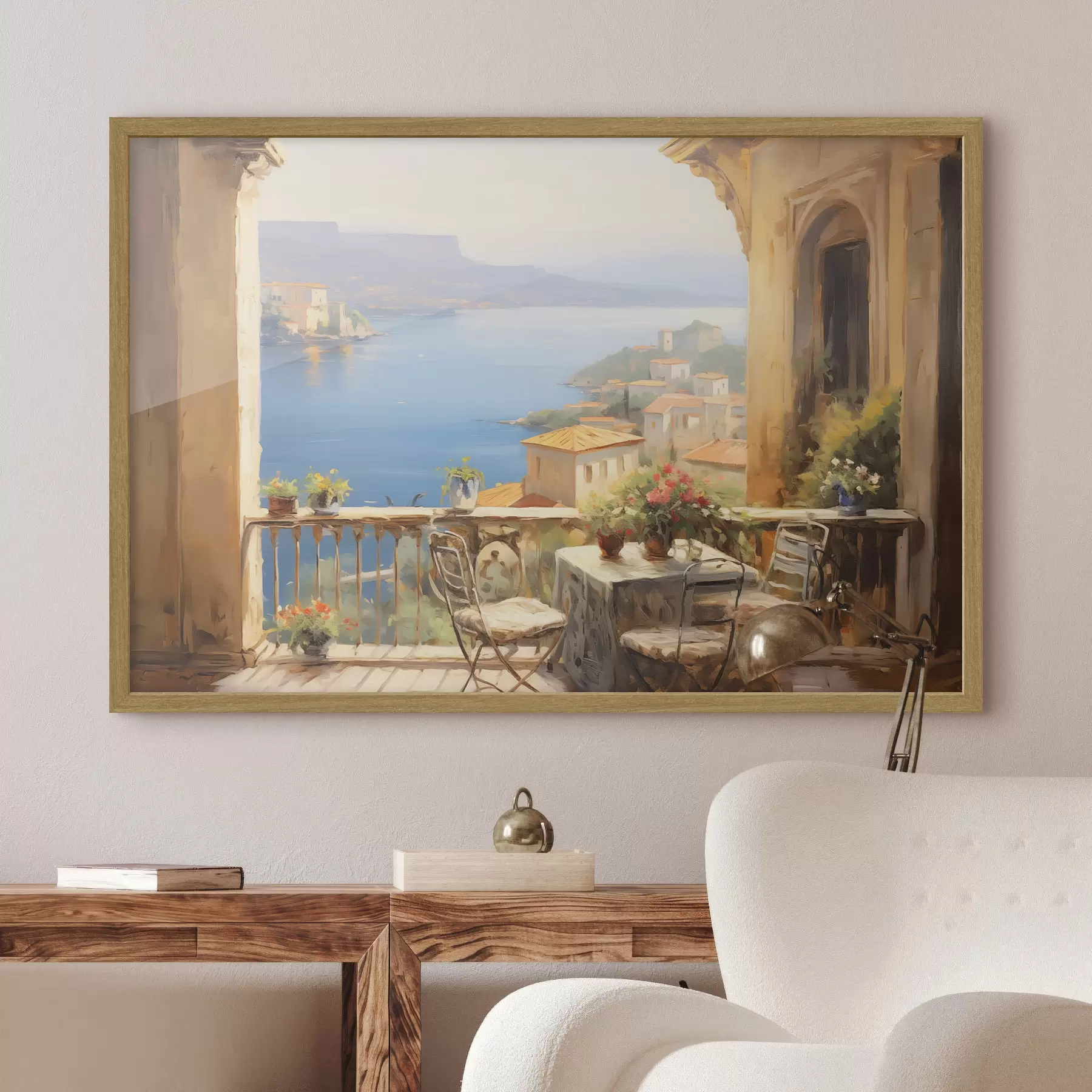 Fototapete Ölgemälde Nachahmung von Balkon mit Blumen, mit Blick auf das Meer, Häuser an der Küste, sonniger Tag, blauer Himmel f43173
