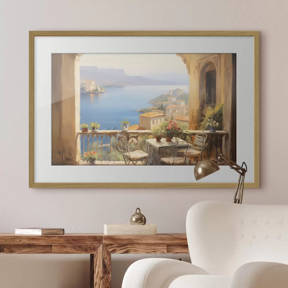 Poster Ölgemälde Nachahmung von Balkon mit Blumen, mit Blick auf das Meer, Häuser an der Küste, sonniger Tag, blauer Himmel f43173