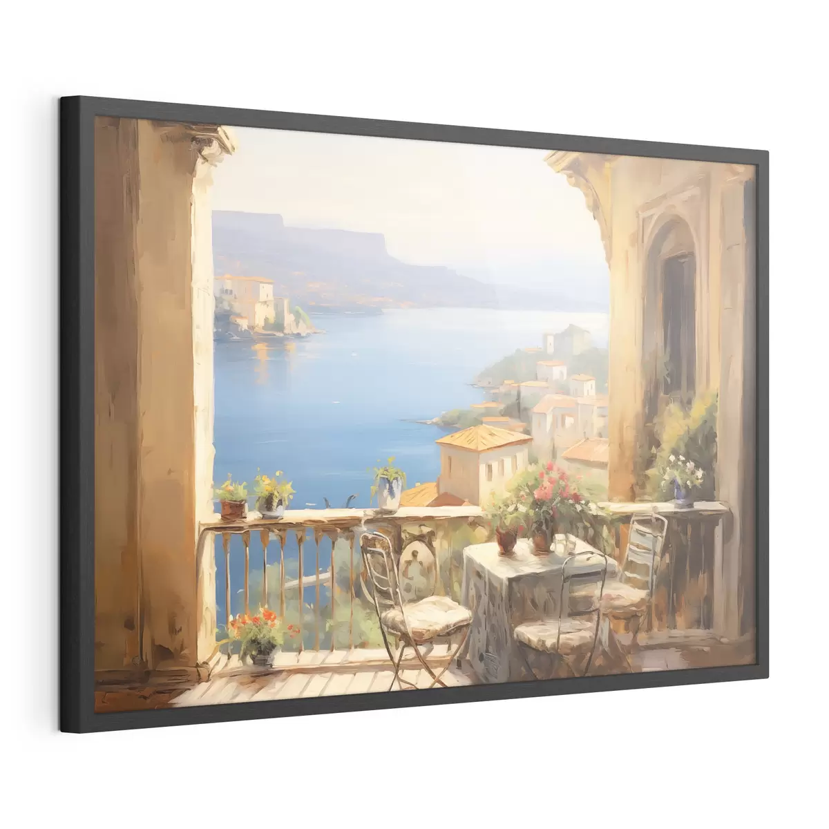 Poster Ölgemälde Nachahmung von Balkon mit Blumen, mit Blick auf das Meer, Häuser an der Küste, sonniger Tag, blauer Himmel f43173