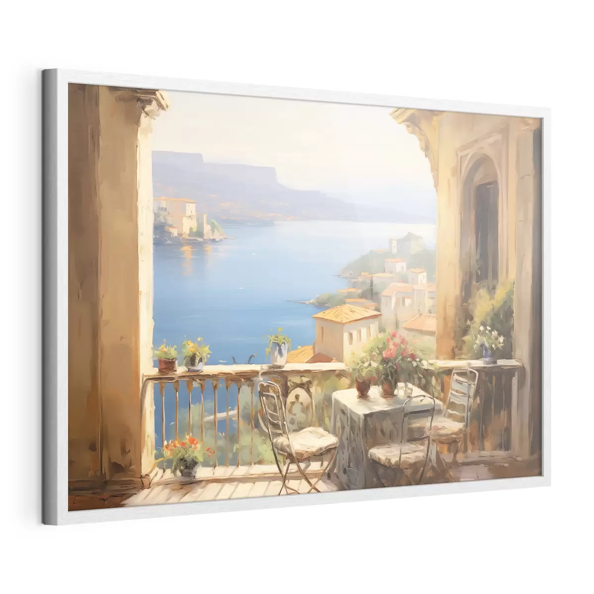 Poster Ölgemälde Nachahmung von Balkon mit Blumen, mit Blick auf das Meer, Häuser an der Küste, sonniger Tag, blauer Himmel f43173