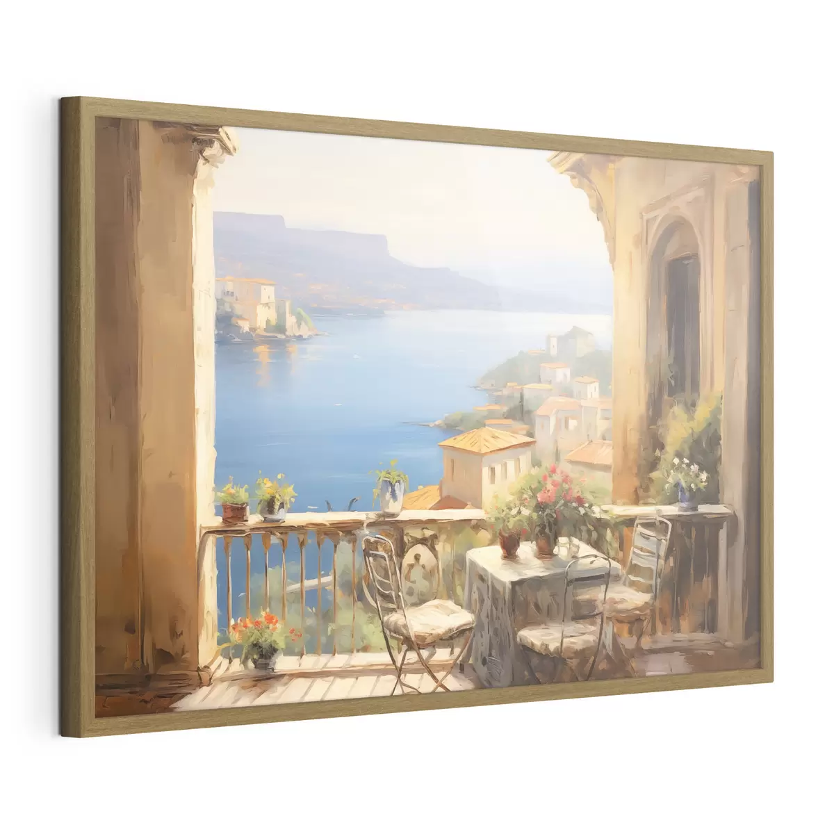 Poster Ölgemälde Nachahmung von Balkon mit Blumen, mit Blick auf das Meer, Häuser an der Küste, sonniger Tag, blauer Himmel f43173