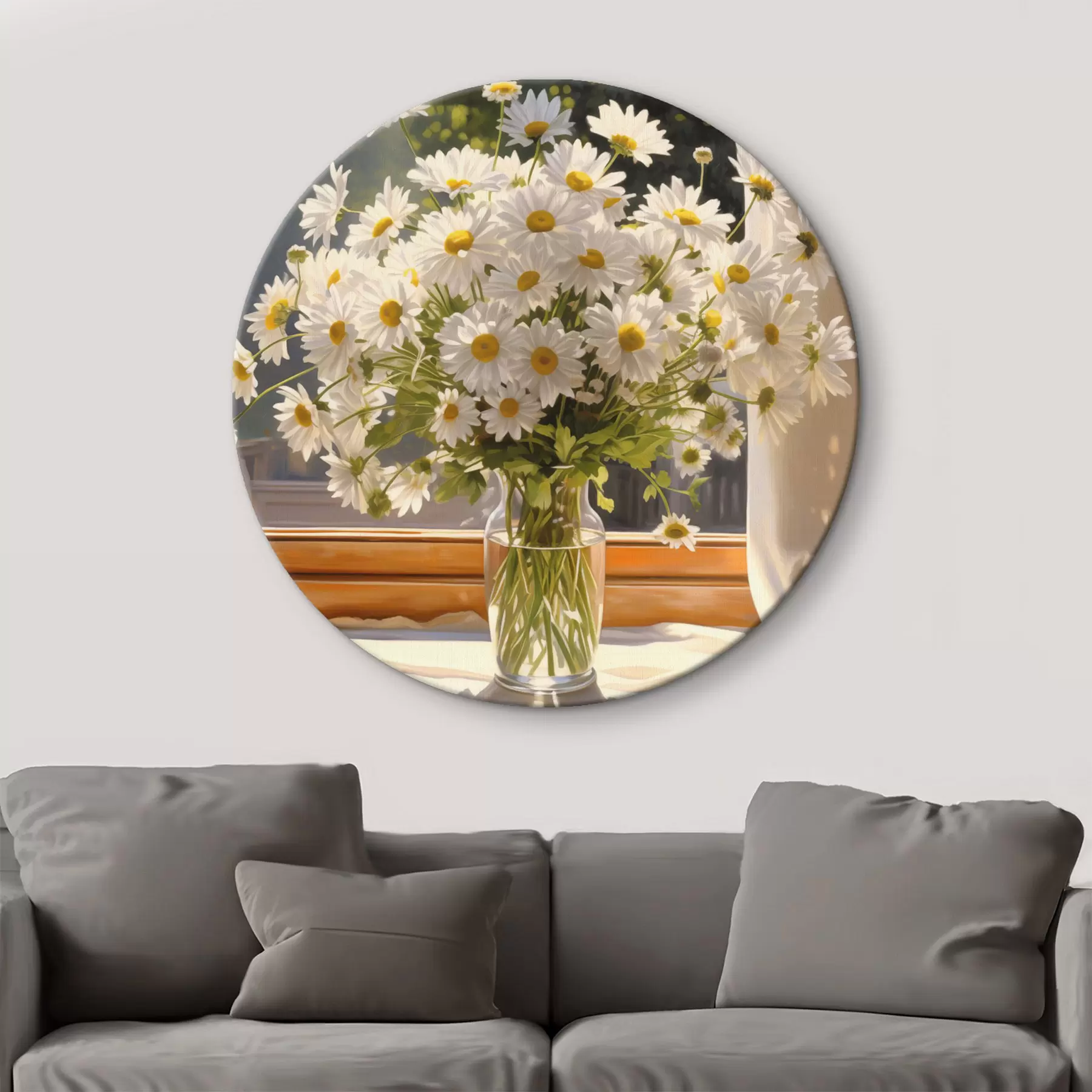 Fototapete Ölgemälde Nachahmung einer Vase mit weißen Gänseblümchen auf einer Fensterbank, sonniger Tag, warme Farben Palette r43171