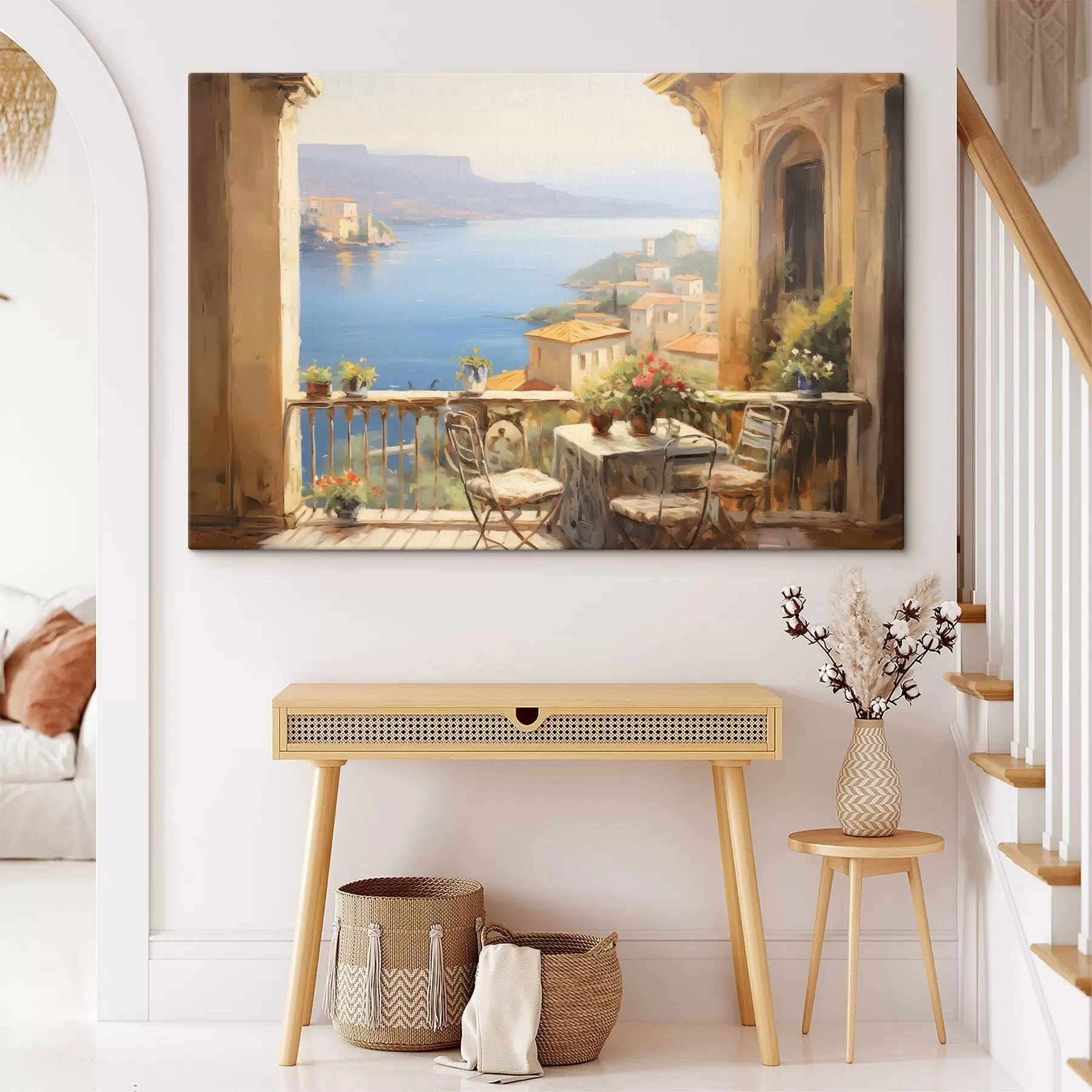 Fototapete Ölgemälde Nachahmung von Balkon mit Blumen, mit Blick auf das Meer, Häuser an der Küste, sonniger Tag, blauer Himmel s43173