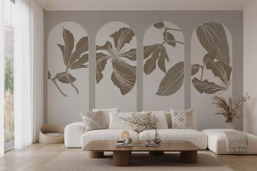 Fototapete Elegante Bögen mit Blumenmustern in Beige und Weiß, vor einem strukturierten beigen Hintergrund, minimalistischer Stil w08866