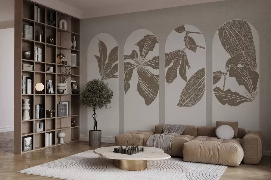 Fototapete Elegante Bögen mit Blumenmustern in Beige und Weiß, vor einem strukturierten beigen Hintergrund, minimalistischer Stil w08866