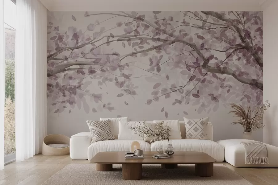 Fototapete Blossom Zweige mit rosa Blättern, weiche Farben, zarte Details, Aquarell-Stil, vor einem hellen Hintergrund w08867