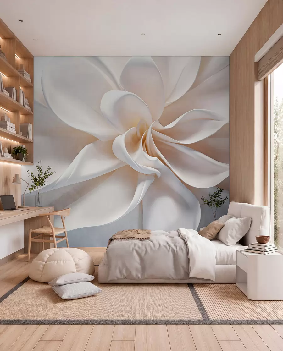 Fototapete Eine weiße pastellfarbene, strukturierte, minimalistische Blume mit weichen Blütenblättern, leicht und luftig, auf einem weißen Hintergrund w08868