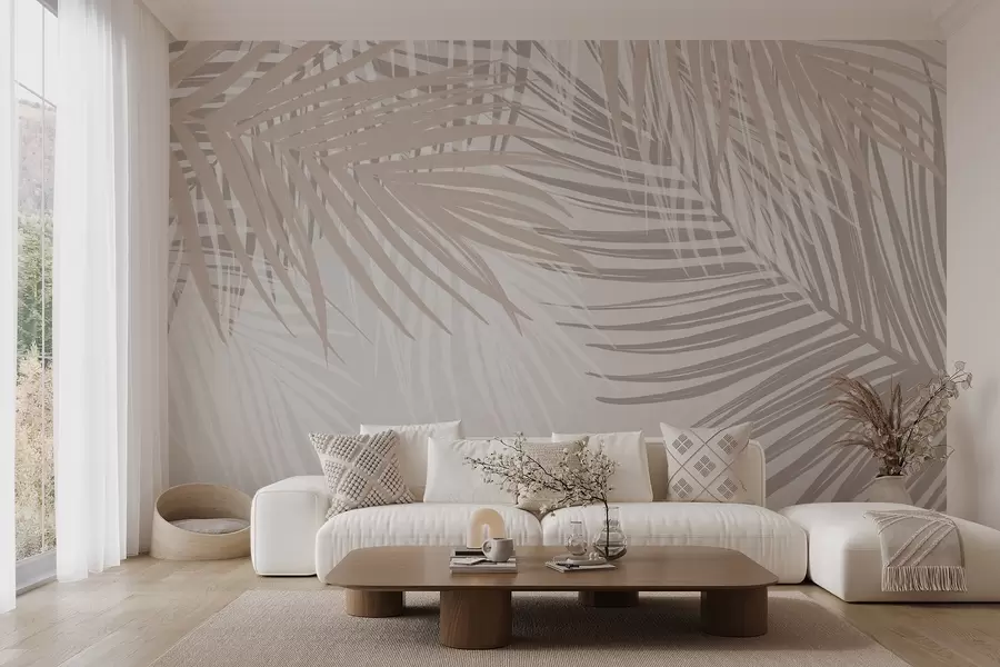 Fototapete Palmenblätter in hellen Beige- und Weißtönen, tropisches Blattwerk, sanfte Pastellfarben, minimalistisches Design w08869