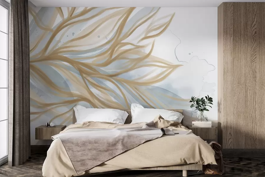 Fototapete Abstrakte gelbe Blätter mit blauem Aquarell Hintergrund, weich und zart, organische Formen, fließende Linien w08871