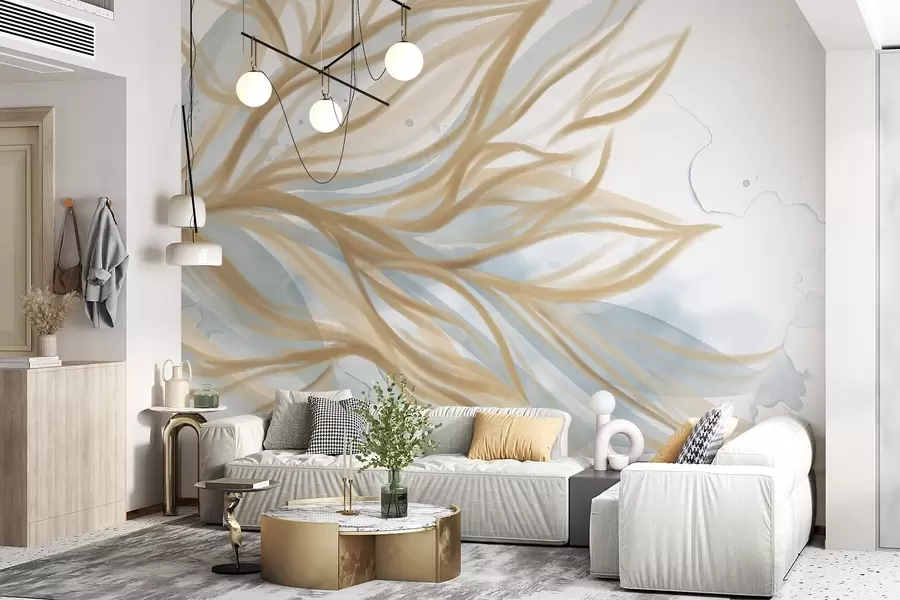 Fototapete Abstrakte gelbe Blätter mit blauem Aquarell Hintergrund, weich und zart, organische Formen, fließende Linien w08871