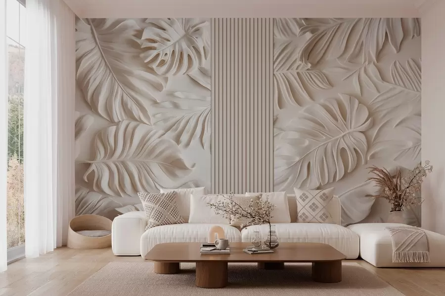 Fototapete große tropische Blätter als Flachrelief und Tafeln in hellen Farben w03119