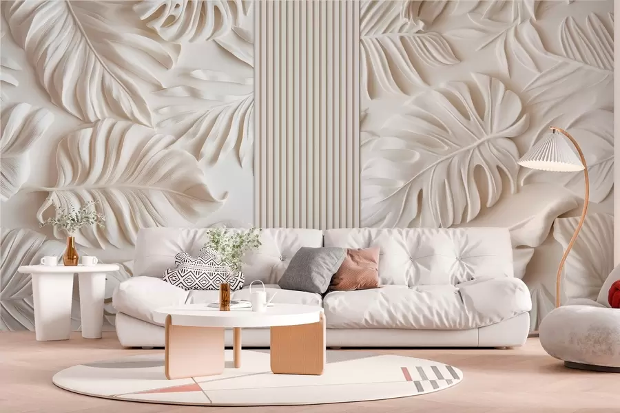 Fototapete große tropische Blätter als Flachrelief und Tafeln in hellen Farben w03119