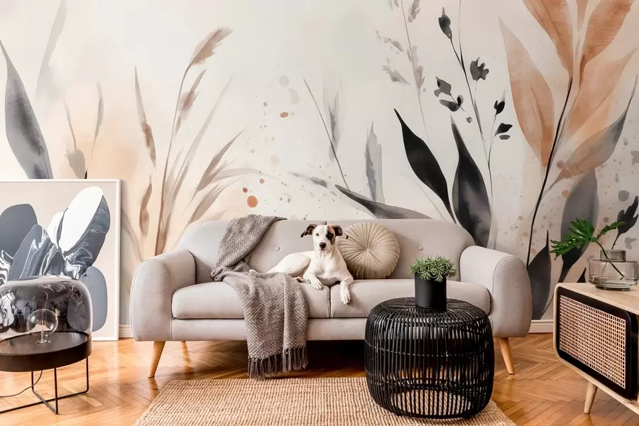 Fototapete aquarellblätter in freier Technik in erdigen Farben w03120