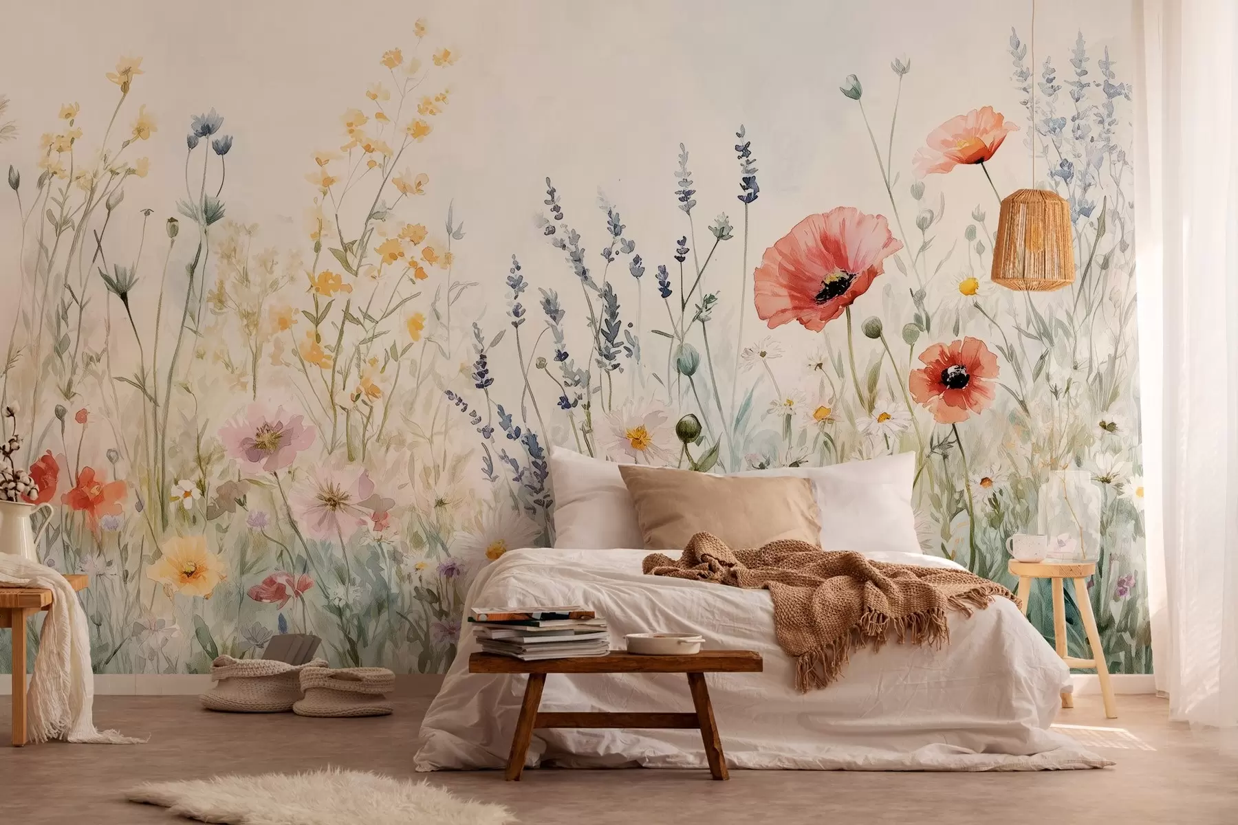 Fototapete wildblumen und Mohnblumen in der Technik der Striche w03281