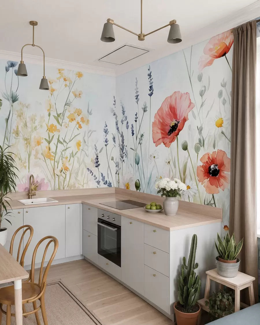 Fototapete wildblumen und Mohnblumen in der Technik der Striche w03281