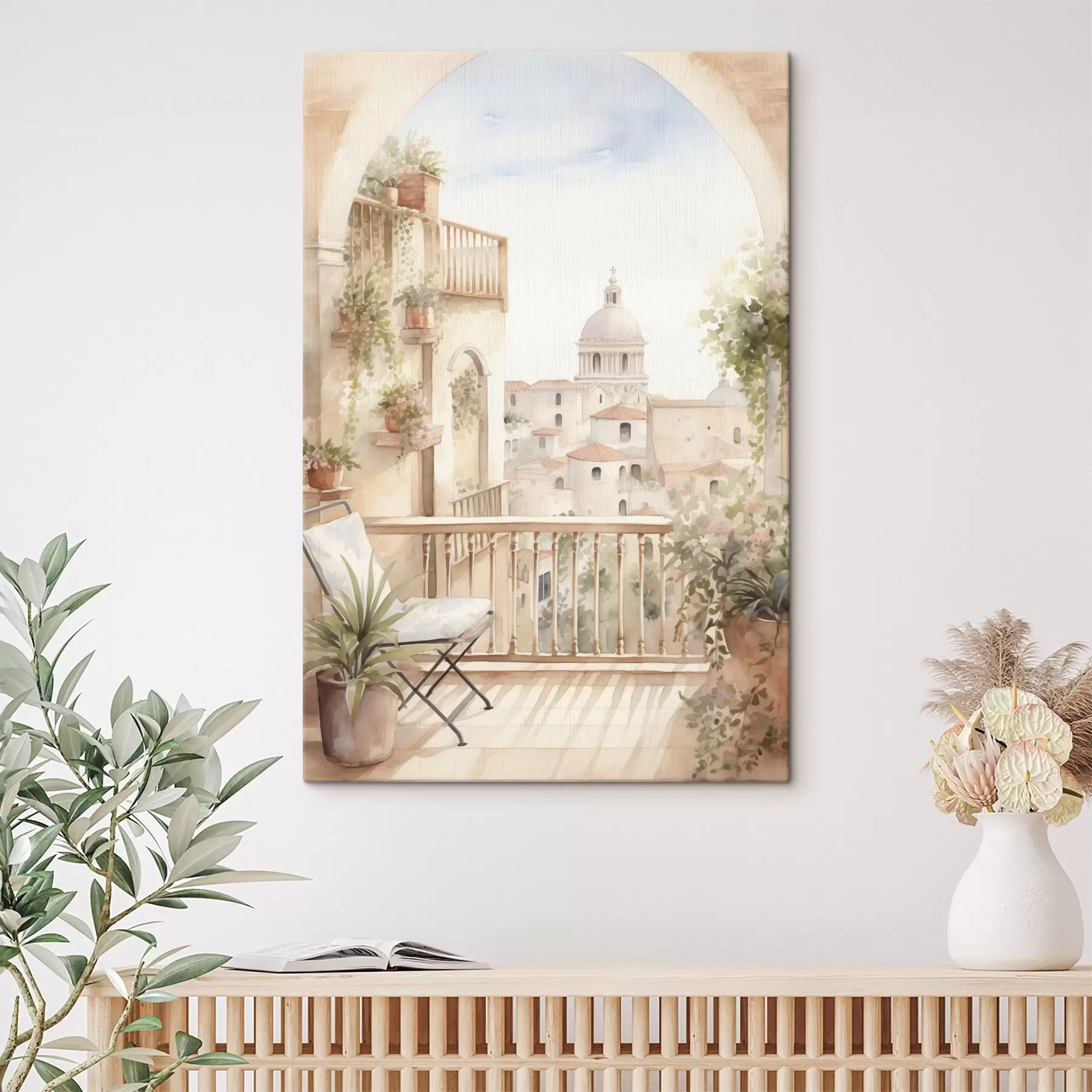 Fototapete Ästhetischer Sommerbalkon, Spanien, alte Architektur, Blomming, Aquarellstil s43180