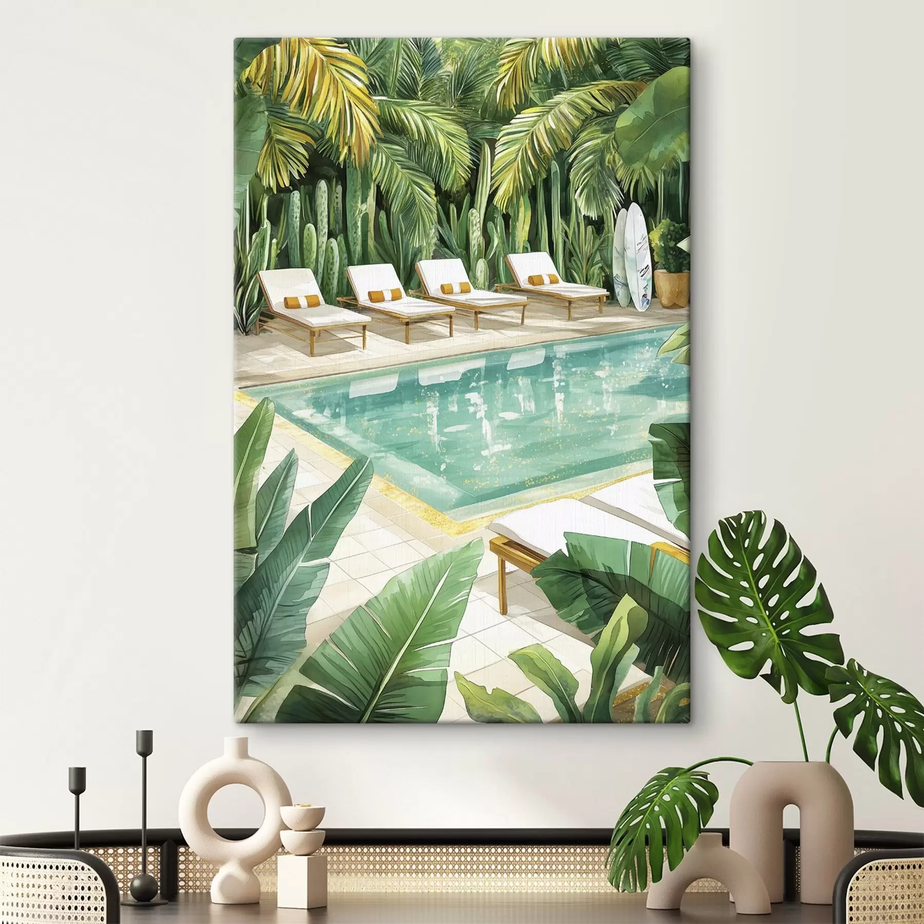 Fototapete Tropische Natur, Garten, Sommerpool, Surfen, Aquarellstil s43190