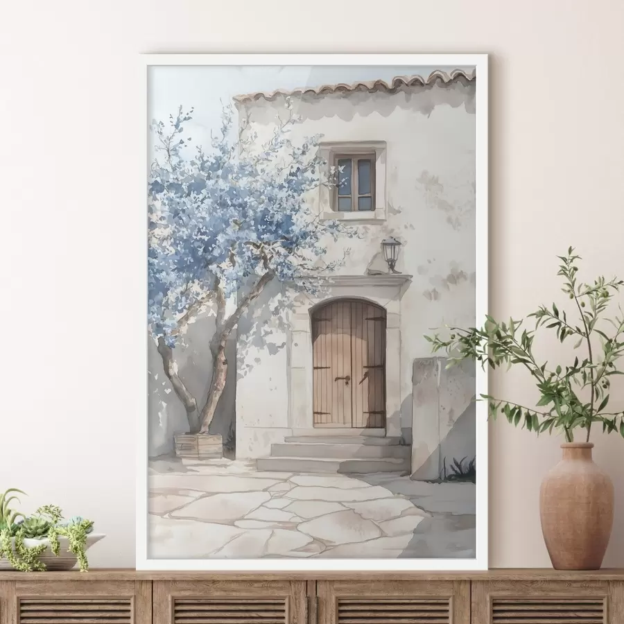 Fototapete Griechisches Haus mit schönem Baum, Architektur, Aquarellstil f43178