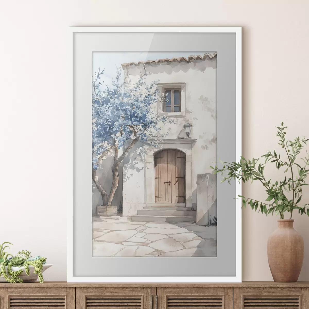 Poster Griechisches Haus mit schönem Baum, Architektur, Aquarellstil f43178