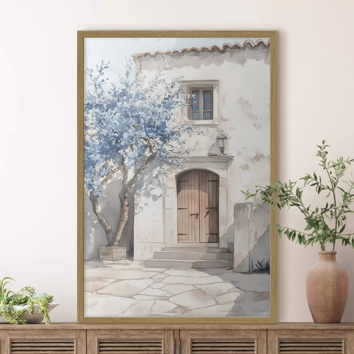 Poster Griechisches Haus mit schönem Baum, Architektur, Aquarellstil f43178