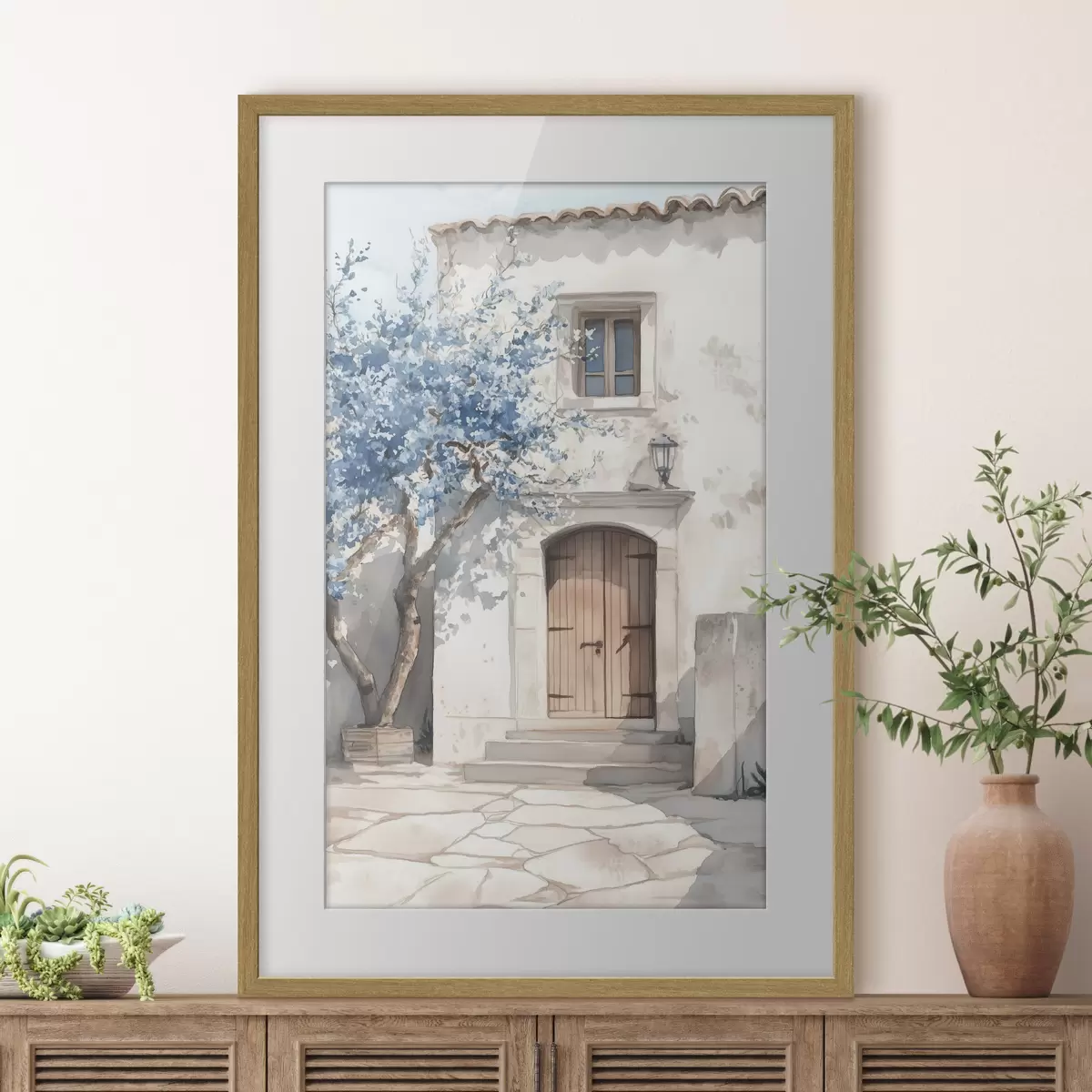 Poster Griechisches Haus mit schönem Baum, Architektur, Aquarellstil f43178
