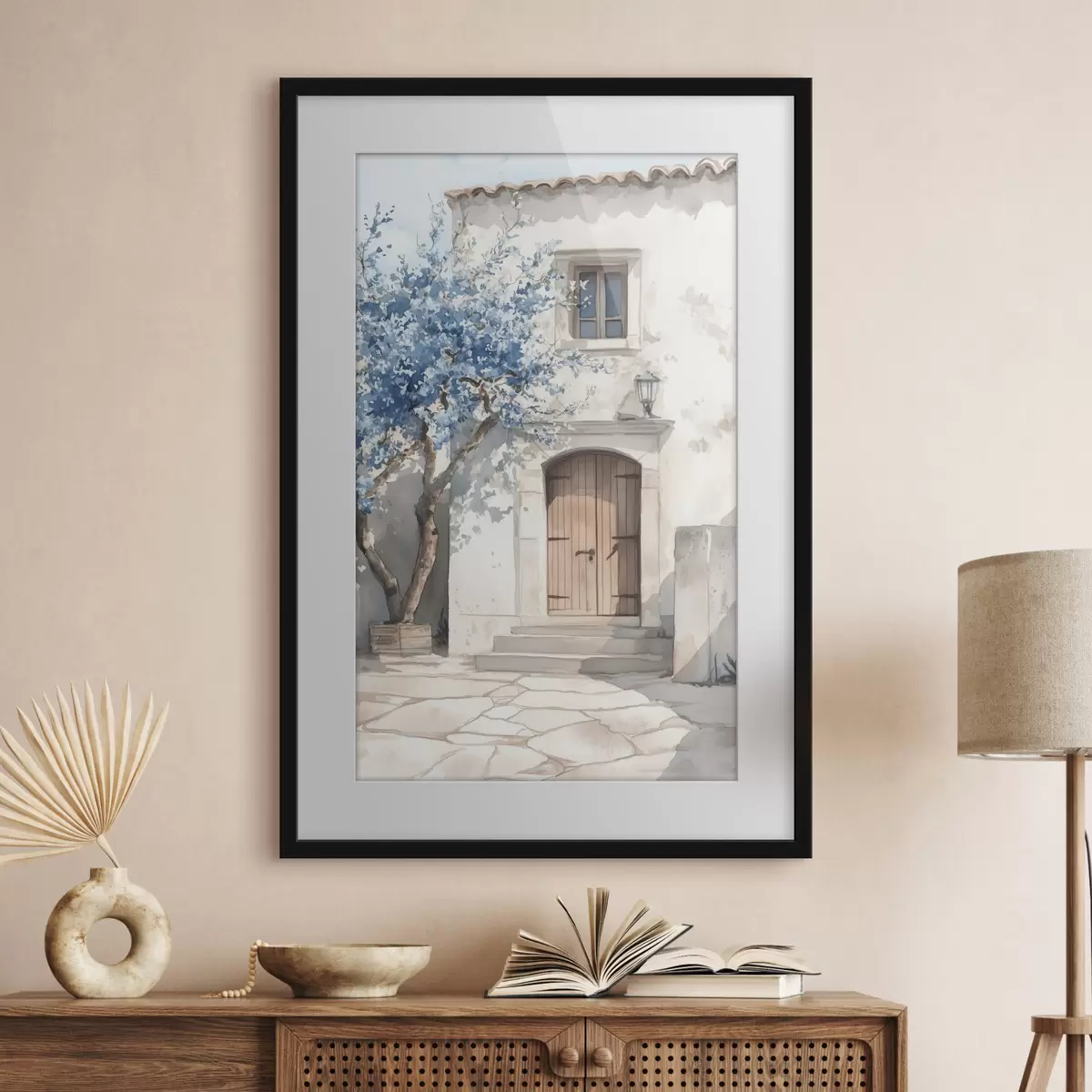 Poster Griechisches Haus mit schönem Baum, Architektur, Aquarellstil f43178