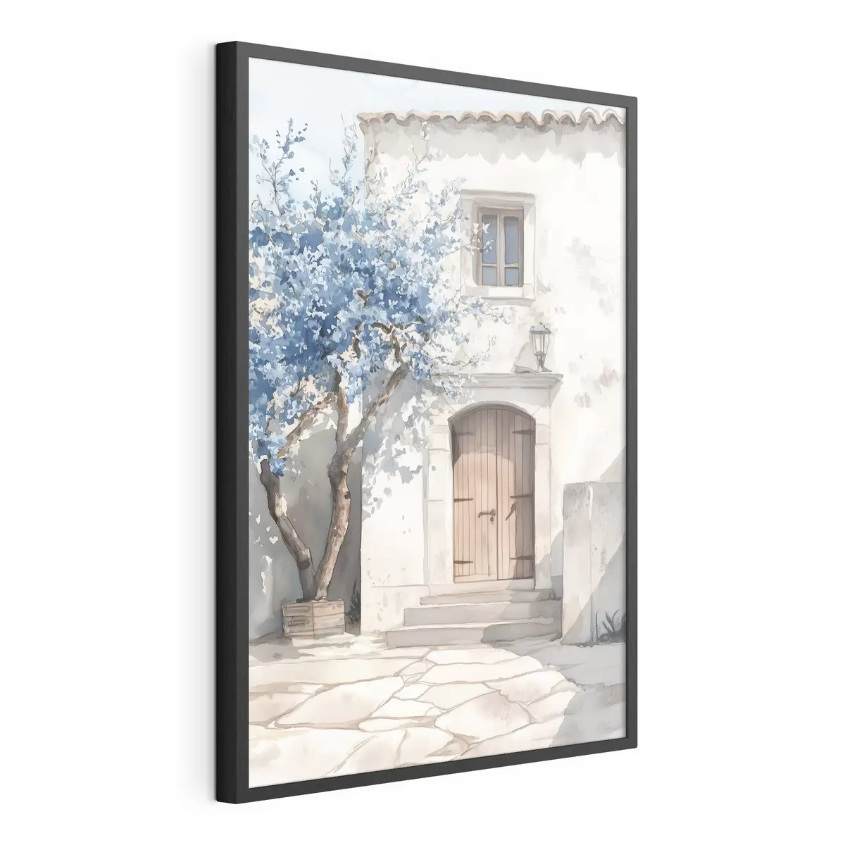Poster Griechisches Haus mit schönem Baum, Architektur, Aquarellstil f43178