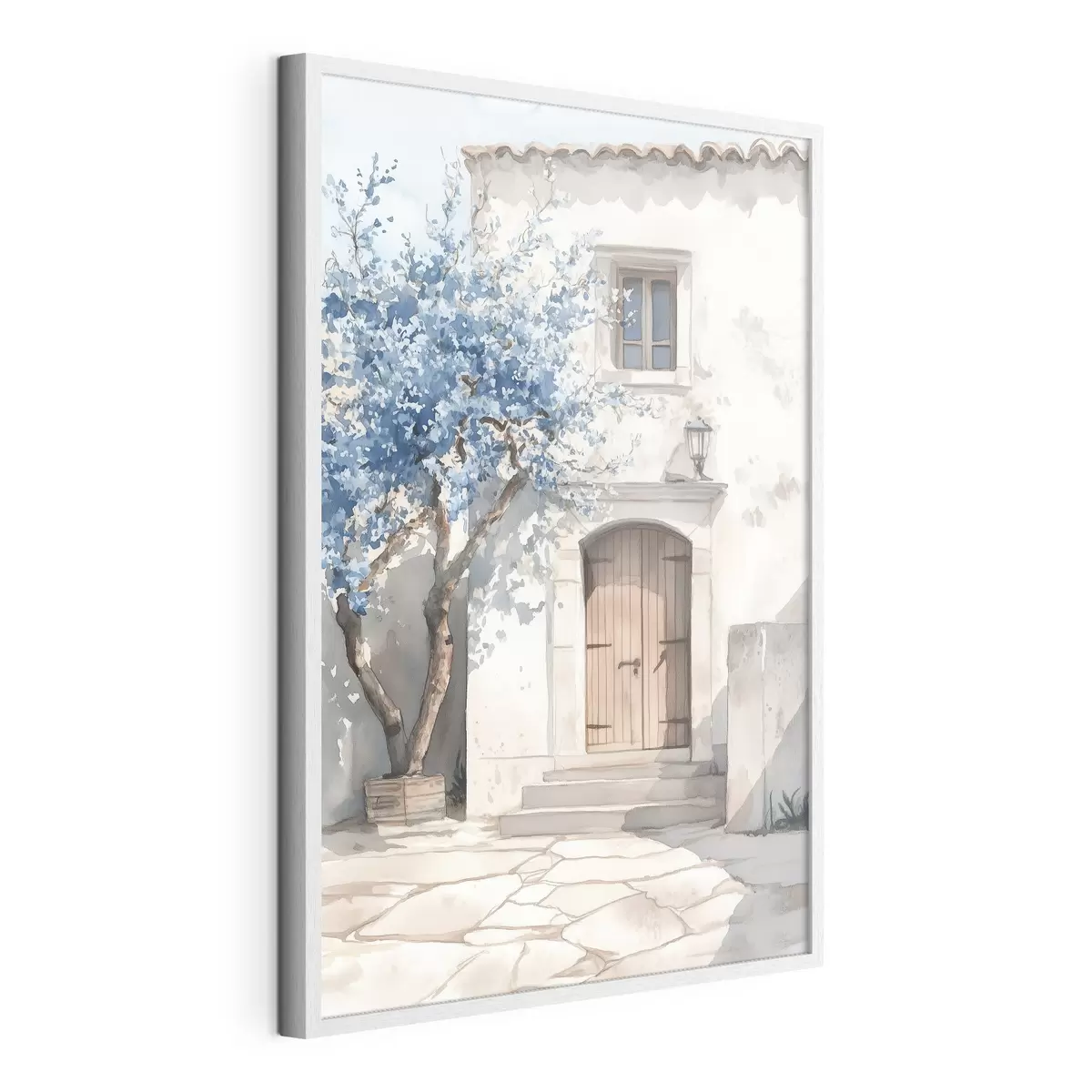 Poster Griechisches Haus mit schönem Baum, Architektur, Aquarellstil f43178