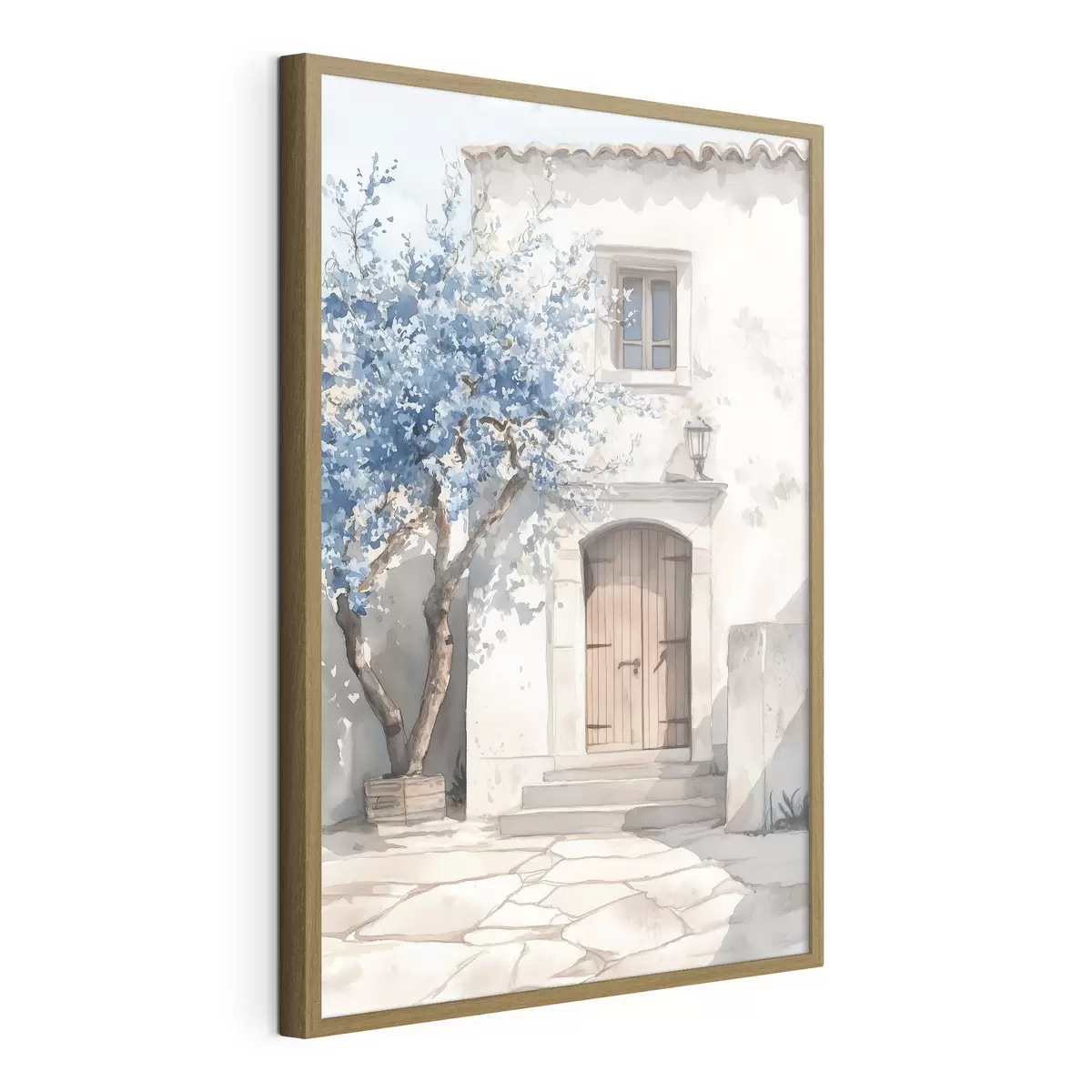 Poster Griechisches Haus mit schönem Baum, Architektur, Aquarellstil f43178