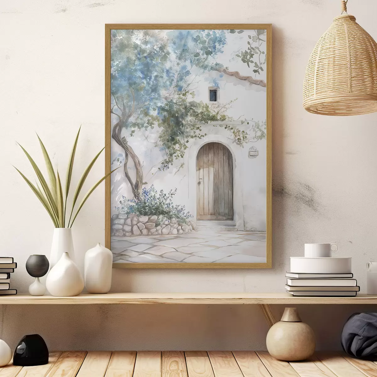 Poster Schönes weißes Haus mit blühendem Baum, mediterran, Aquarellstil f43179