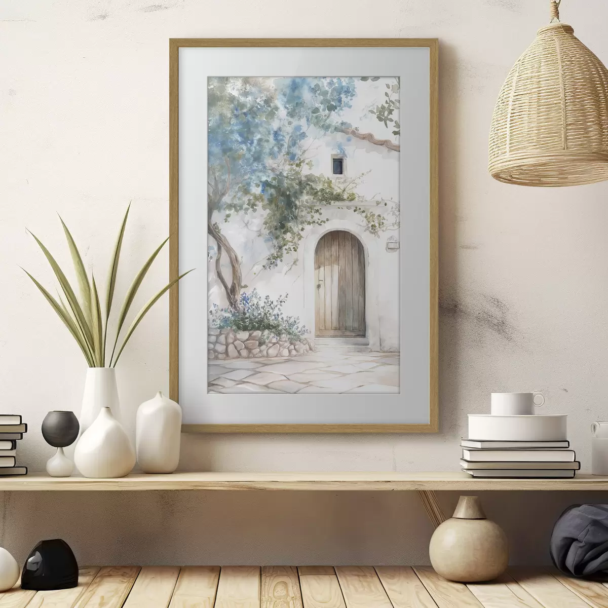 Poster Schönes weißes Haus mit blühendem Baum, mediterran, Aquarellstil f43179