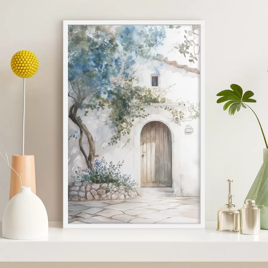 Fototapete Schönes weißes Haus mit blühendem Baum, mediterran, Aquarellstil f43179