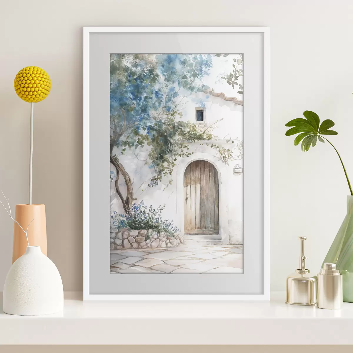 Poster Schönes weißes Haus mit blühendem Baum, mediterran, Aquarellstil f43179