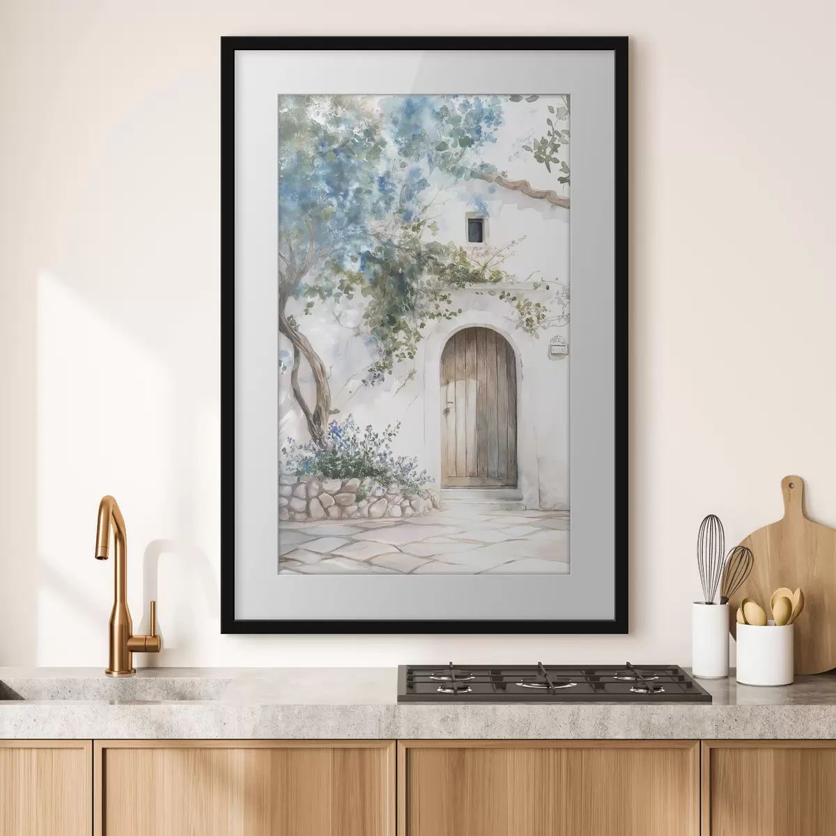 Poster Schönes weißes Haus mit blühendem Baum, mediterran, Aquarellstil f43179