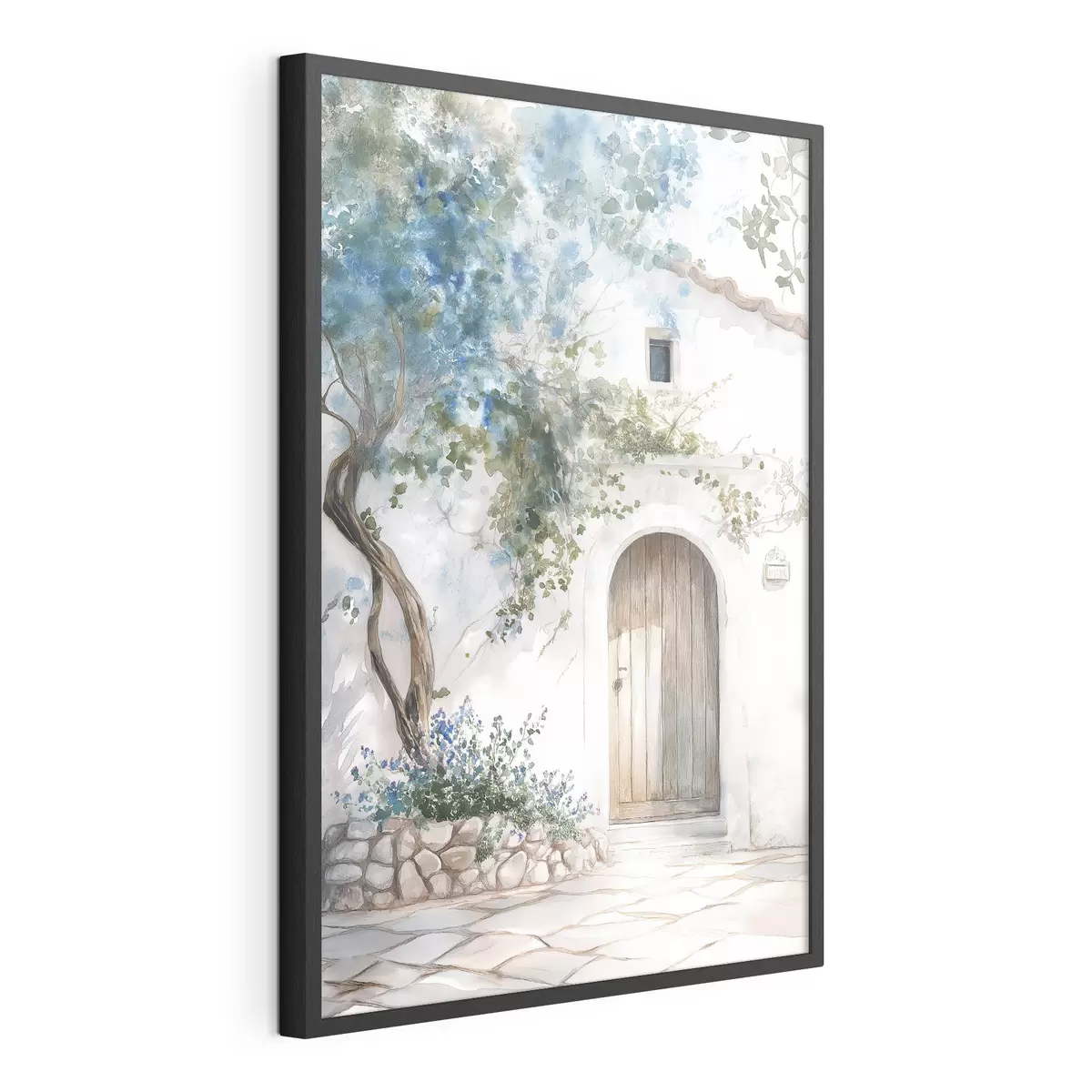 Poster Schönes weißes Haus mit blühendem Baum, mediterran, Aquarellstil f43179