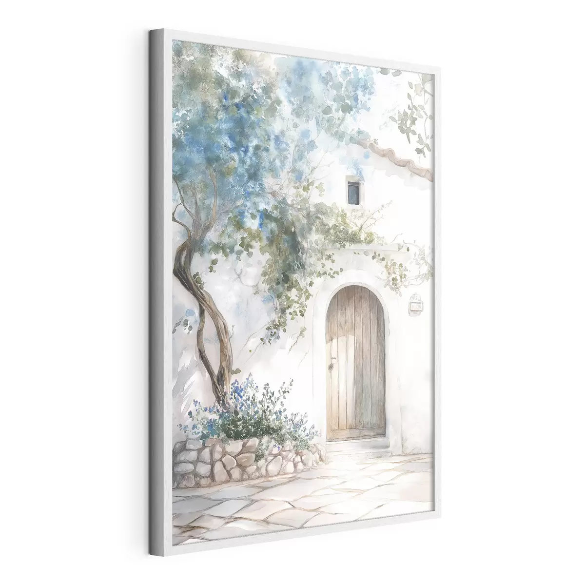 Poster Schönes weißes Haus mit blühendem Baum, mediterran, Aquarellstil f43179