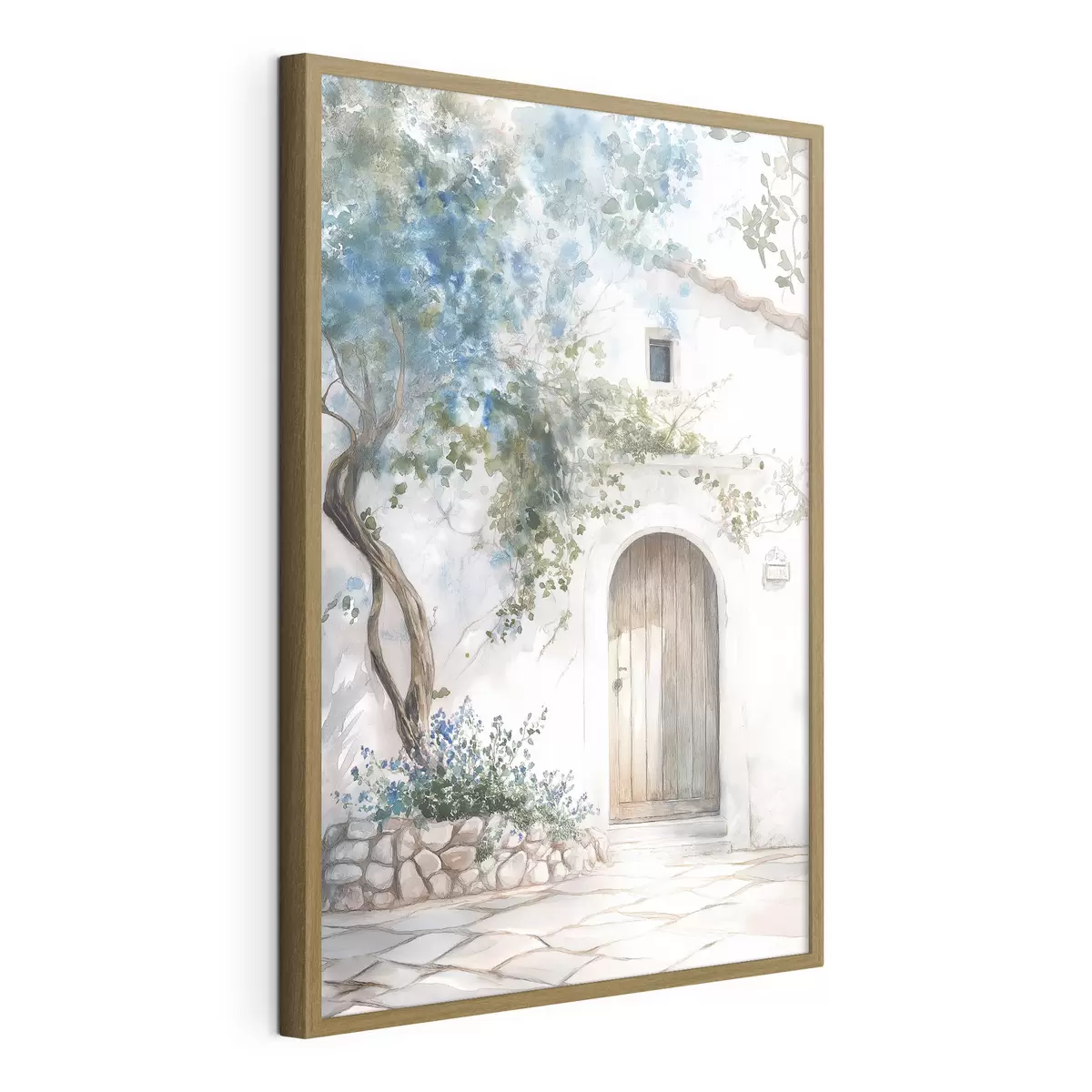 Poster Schönes weißes Haus mit blühendem Baum, mediterran, Aquarellstil f43179