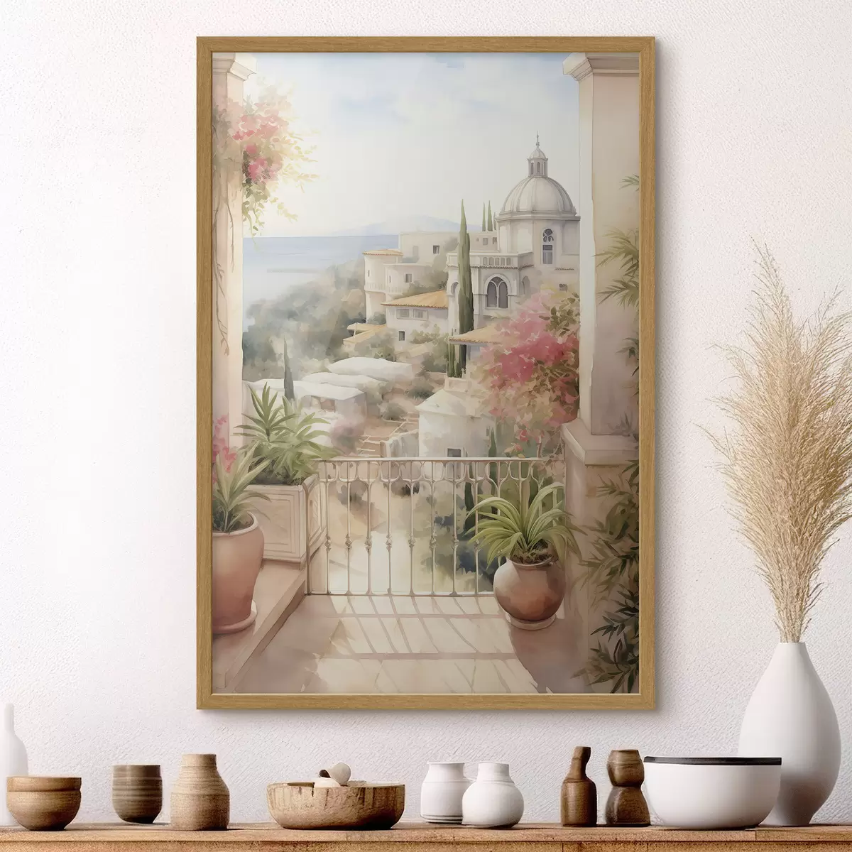 Poster Spanien Sommerlandschaft, mediterrane Architektur, Aquarellstil f43181