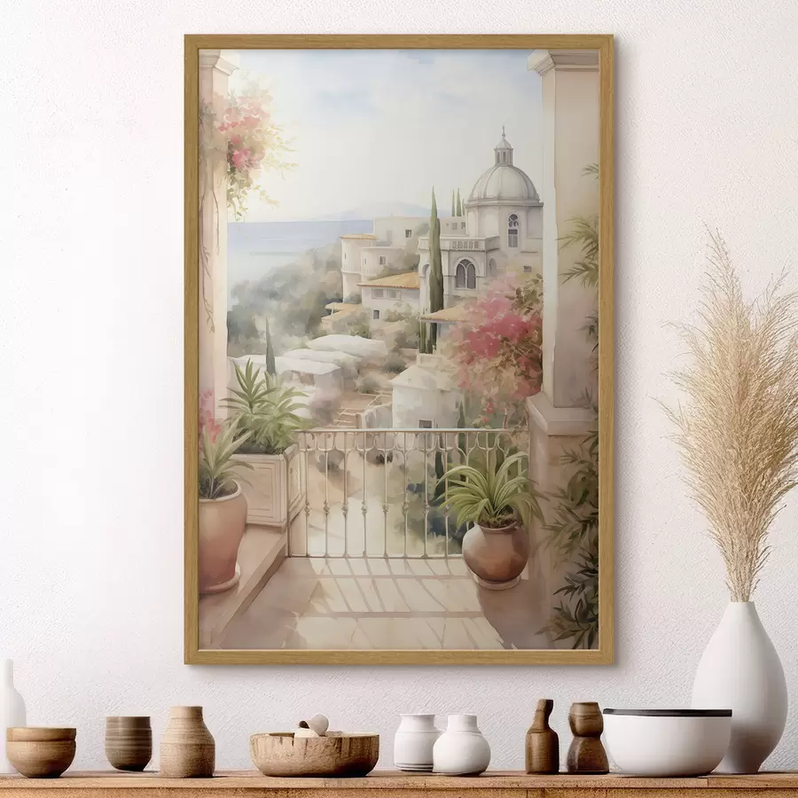 Fototapete Spanien Sommerlandschaft, mediterrane Architektur, Aquarellstil f43181