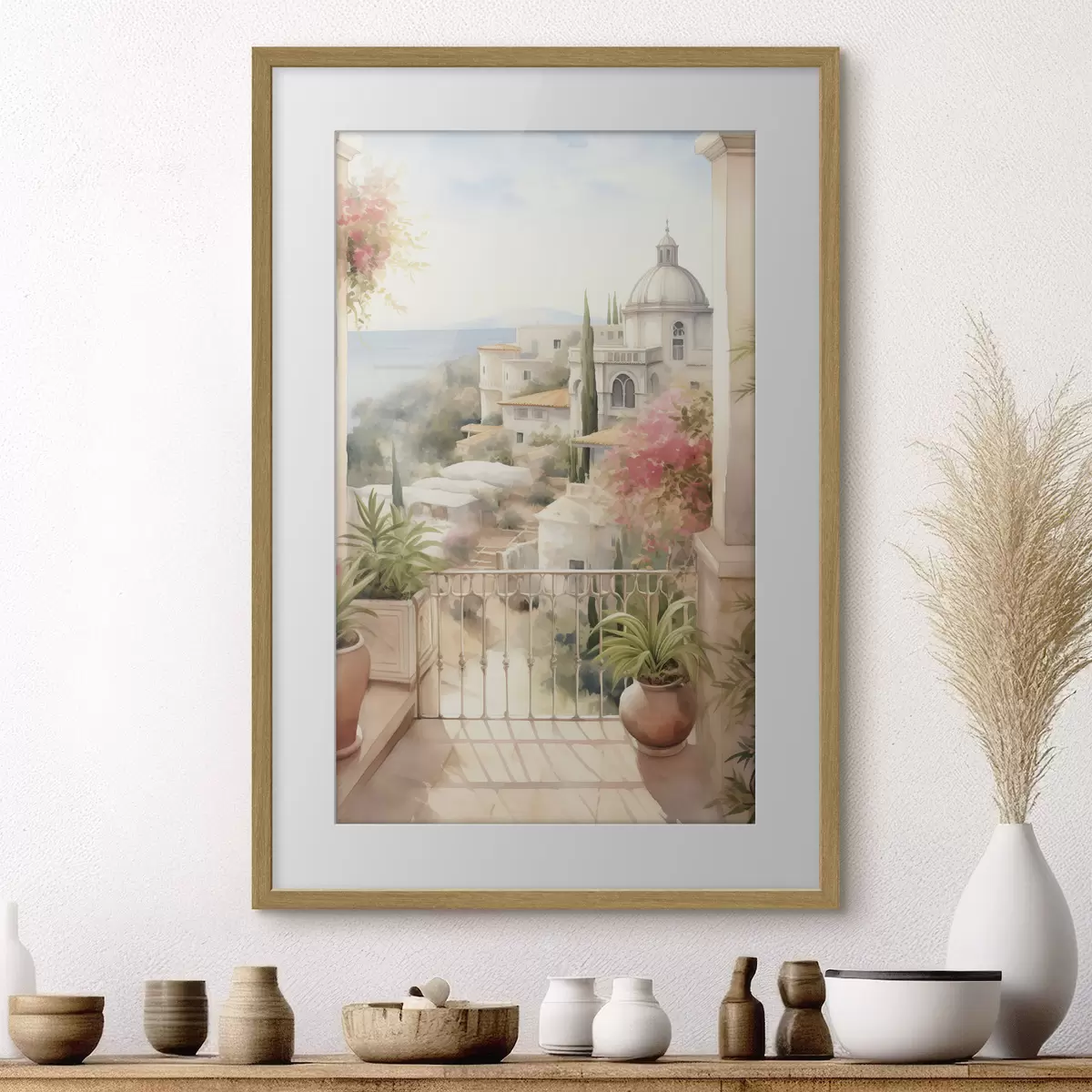 Poster Spanien Sommerlandschaft, mediterrane Architektur, Aquarellstil f43181