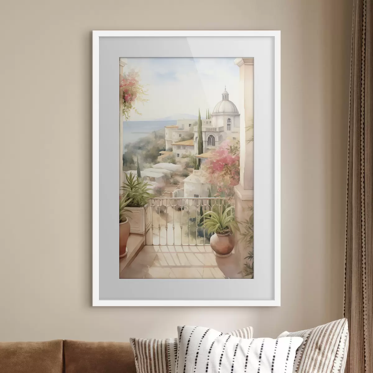 Poster Spanien Sommerlandschaft, mediterrane Architektur, Aquarellstil f43181