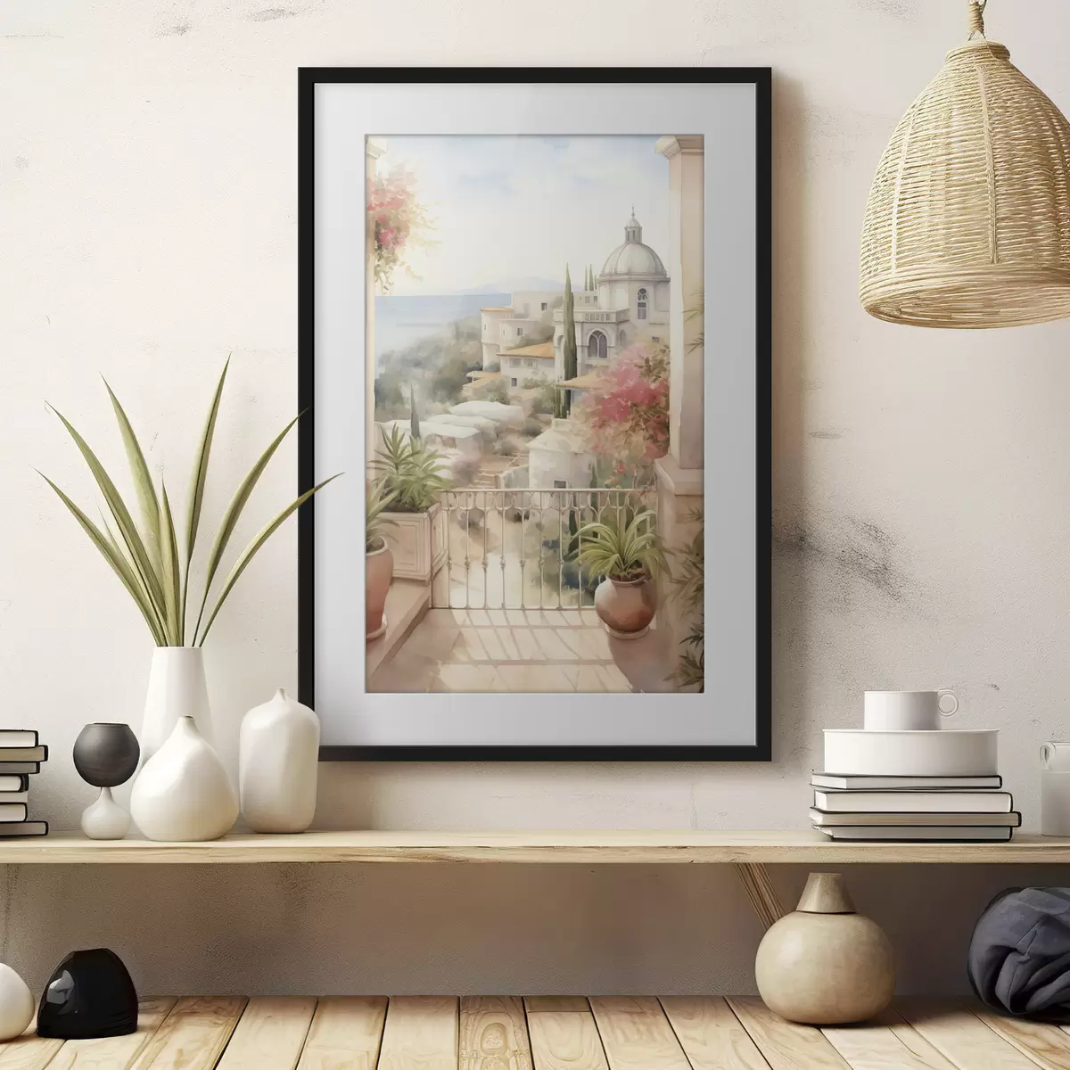 Poster Spanien Sommerlandschaft, mediterrane Architektur, Aquarellstil f43181