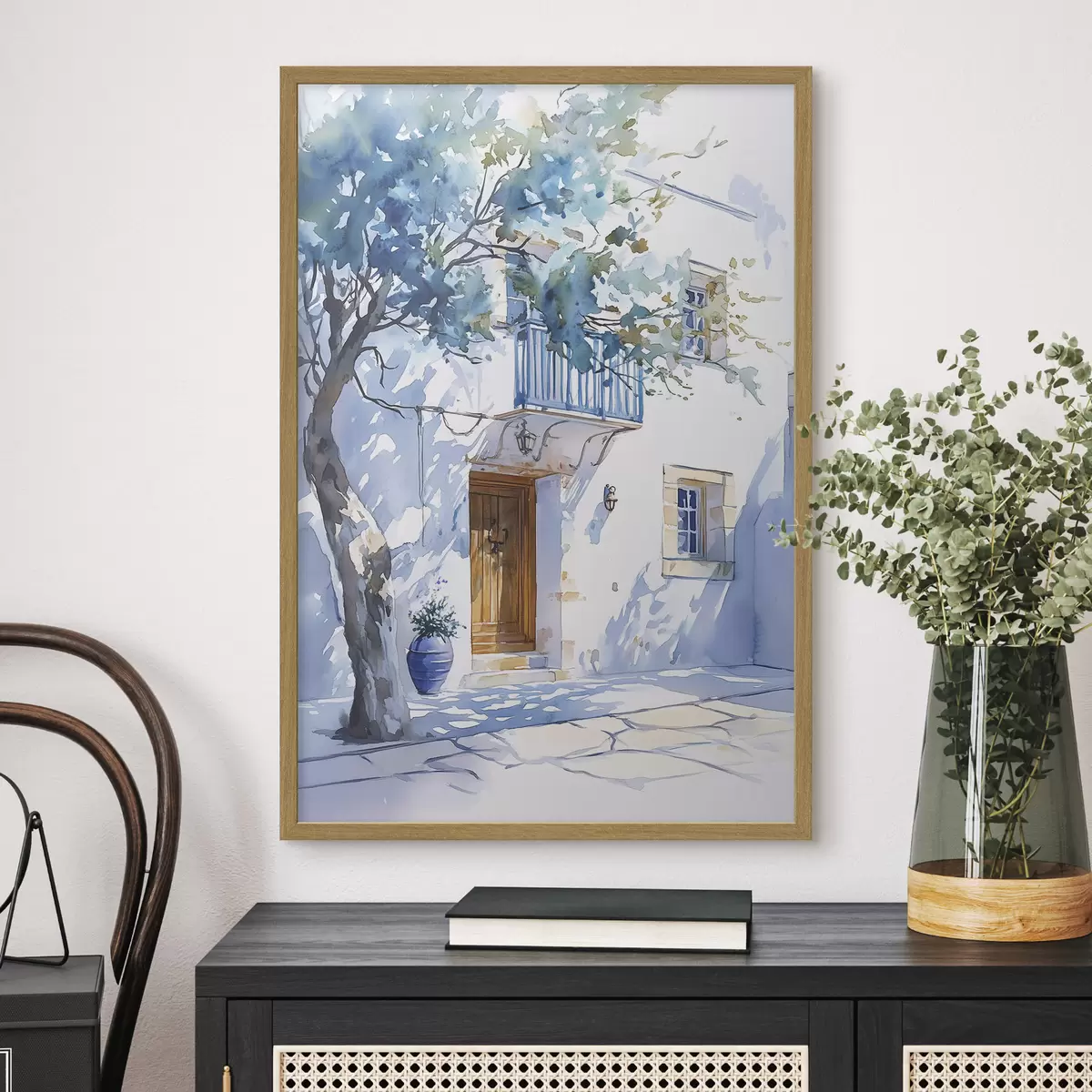 Poster Aquarellstil, griechisches Haus, blühender Baum, Architektur f43182