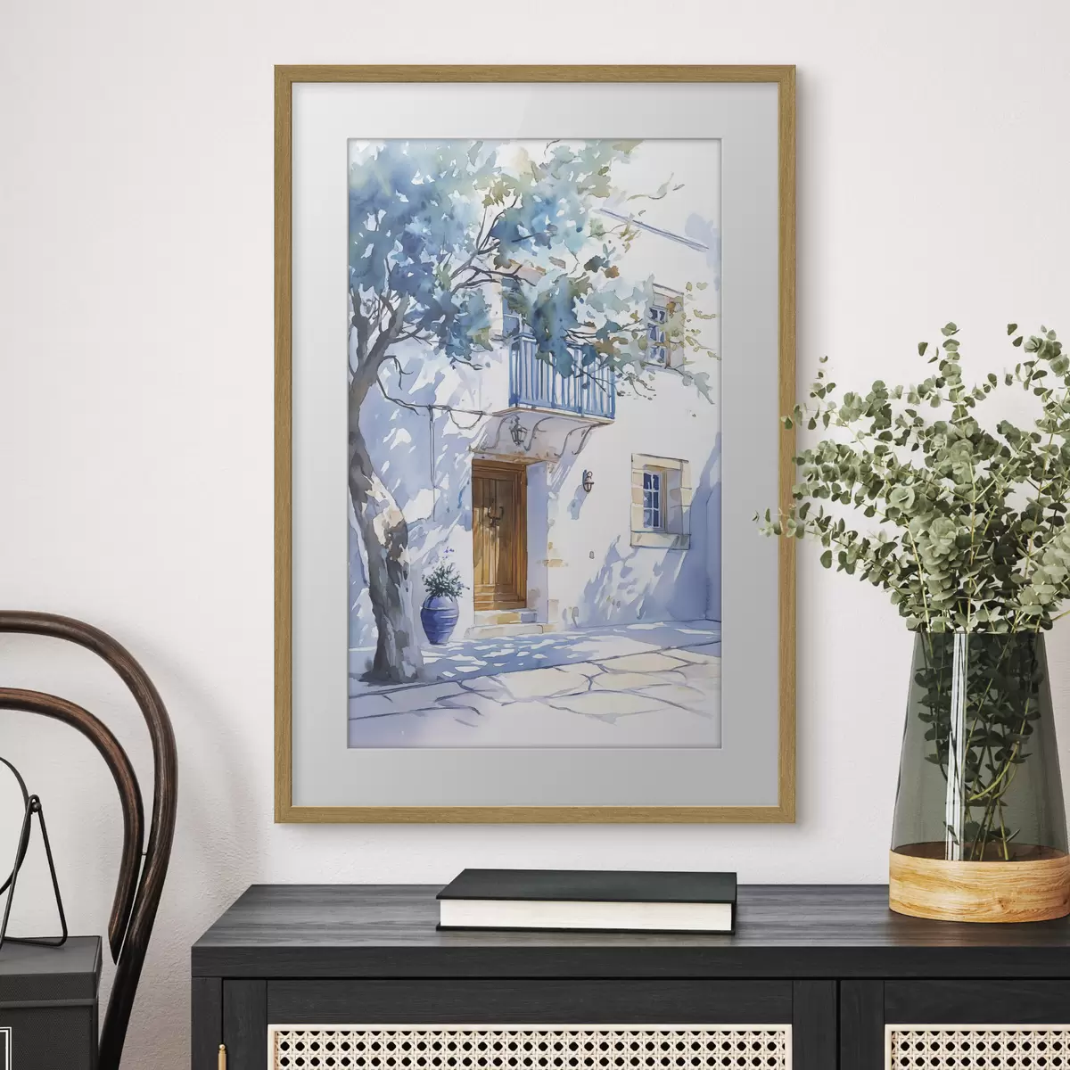 Poster Aquarellstil, griechisches Haus, blühender Baum, Architektur f43182