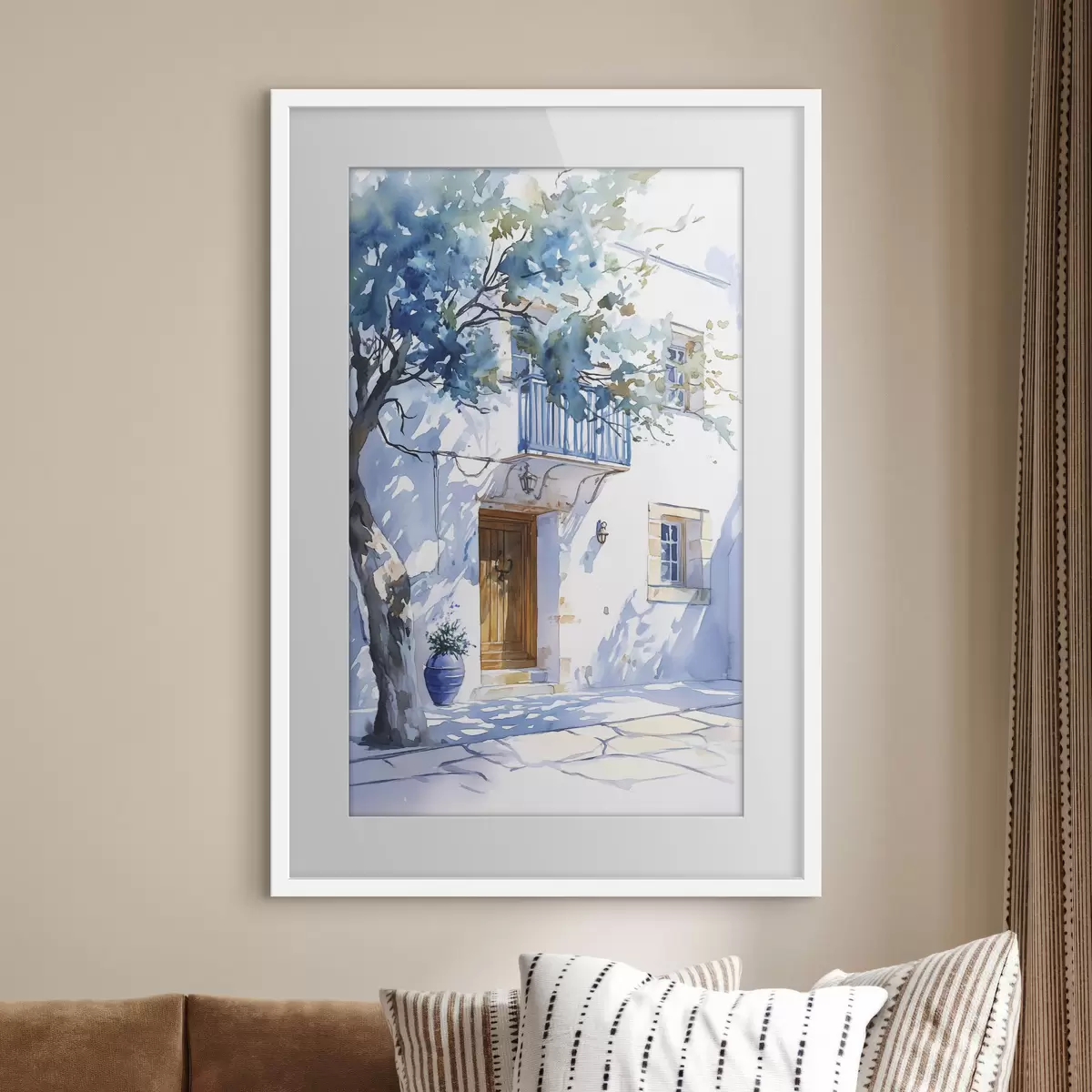 Poster Aquarellstil, griechisches Haus, blühender Baum, Architektur f43182