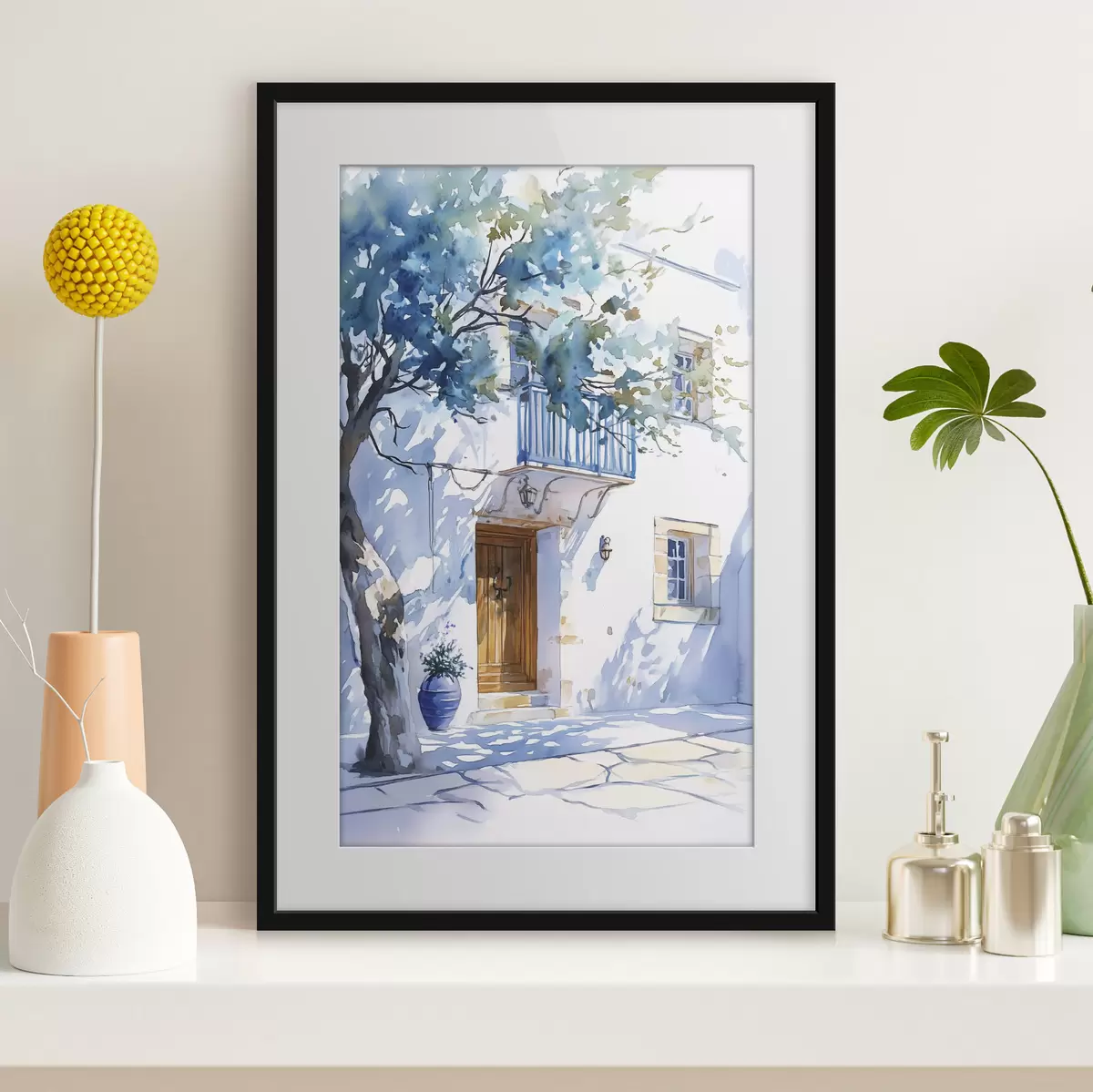 Poster Aquarellstil, griechisches Haus, blühender Baum, Architektur f43182