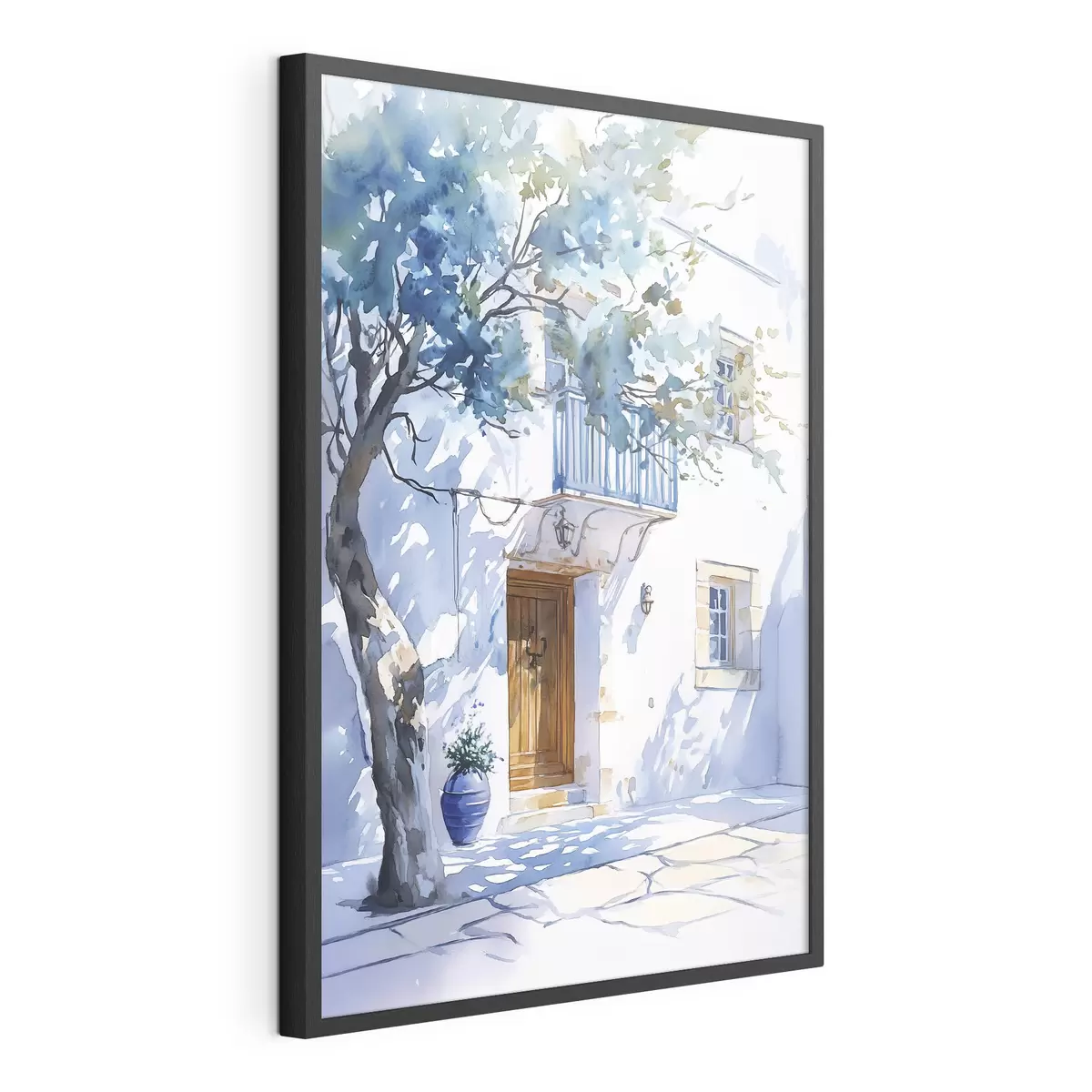 Poster Aquarellstil, griechisches Haus, blühender Baum, Architektur f43182
