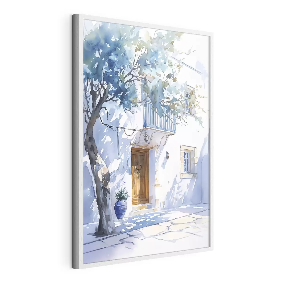 Poster Aquarellstil, griechisches Haus, blühender Baum, Architektur f43182