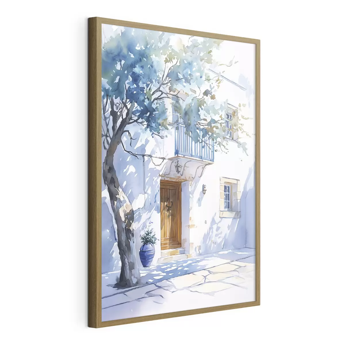 Poster Aquarellstil, griechisches Haus, blühender Baum, Architektur f43182