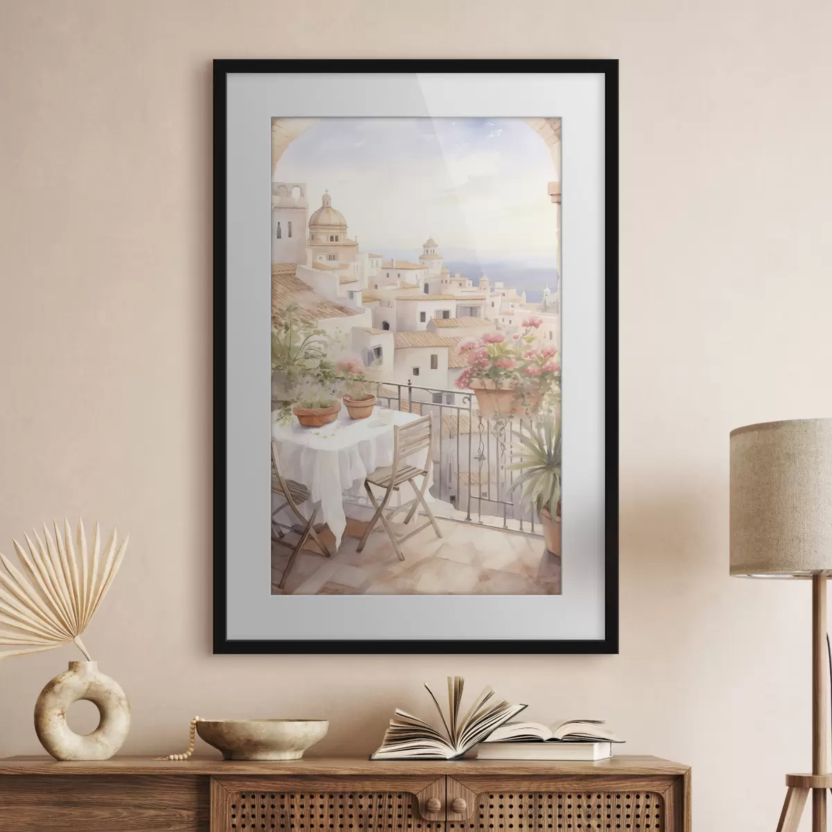 Poster Sonnenuntergang auf dem Balkon, Italien, Architektur, blühende Blumen, Aquarellstil f43184